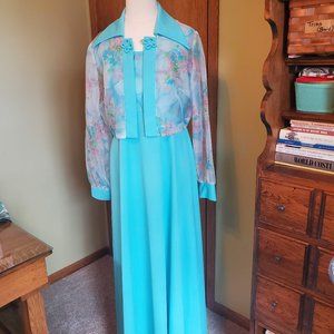 Vintage 70s 2 Piece Blue Polyester Maxi Dress